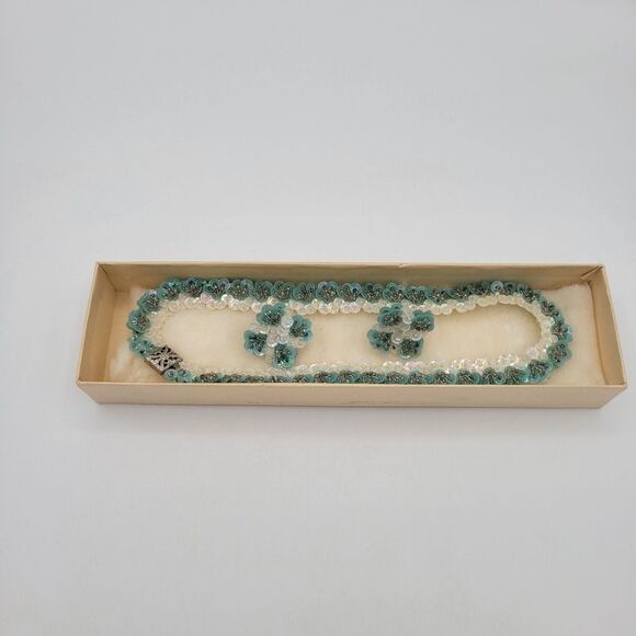 Vintage 1950s Aqua Sequin Necklace & Earrings Set - Picture 10 of 15
